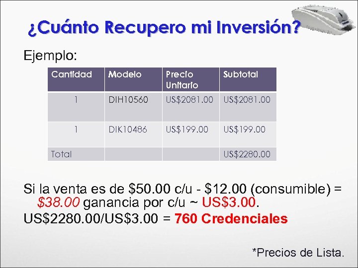 ¿Cuánto Recupero mi Inversión? Ejemplo: Cantidad Precio Unitario Subtotal 1 DIH 10560 US$2081. 00