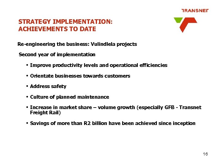 STRATEGY IMPLEMENTATION: ACHIEVEMENTS TO DATE Re-engineering the business: Vulindlela projects Second year of implementation