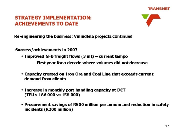 STRATEGY IMPLEMENTATION: ACHIEVEMENTS TO DATE Re-engineering the business: Vulindlela projects continued Success/achievements in 2007
