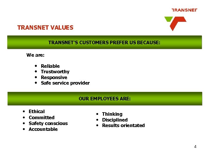TRANSNET VALUES TRANSNET’S CUSTOMERS PREFER US BECAUSE: We are: • • Reliable Trustworthy Responsive