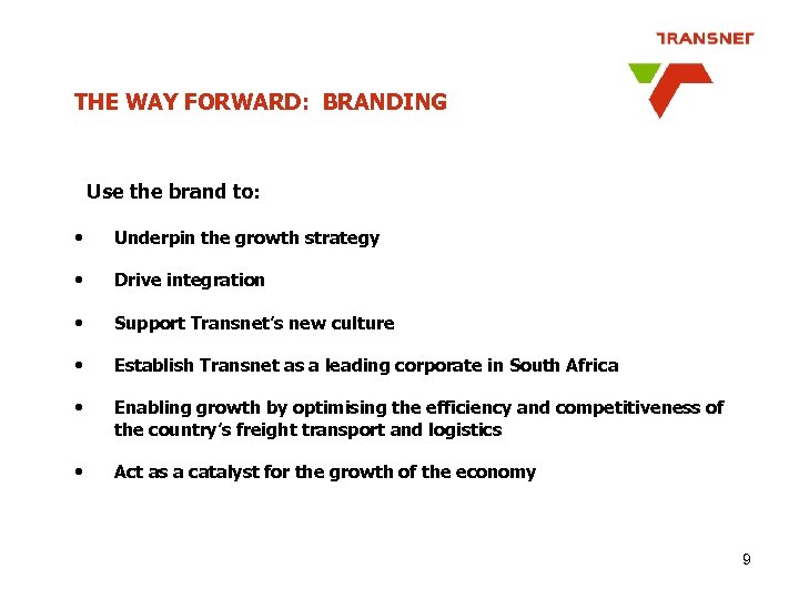 THE WAY FORWARD: BRANDING Use the brand to: • Underpin the growth strategy •