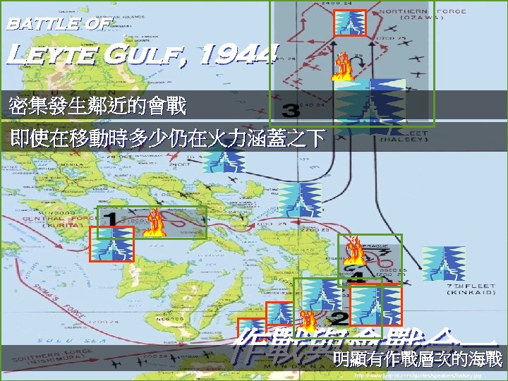 battle of Leyte Gulf, 1944 密集發生鄰近的會戰 即使在移動時多少仍在火力涵蓋之下 作戰與會戰合一 明顯有作戰層次的海戰 http: //www. jimpoz. com/quotes/speakers/halsey. jpg