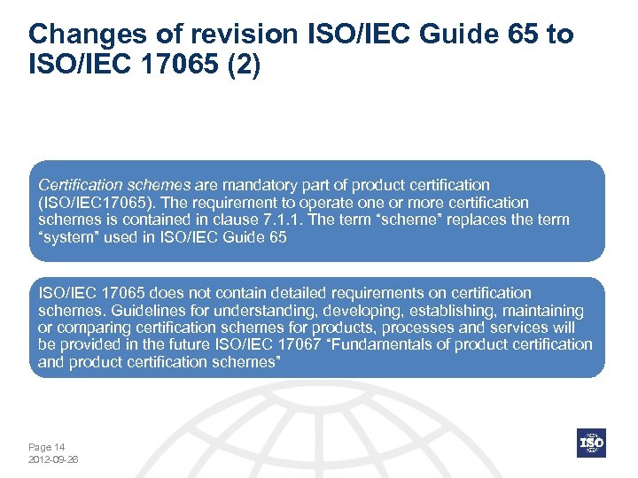 Changes of revision ISO/IEC Guide 65 to ISO/IEC 17065 (2) Certification schemes are mandatory