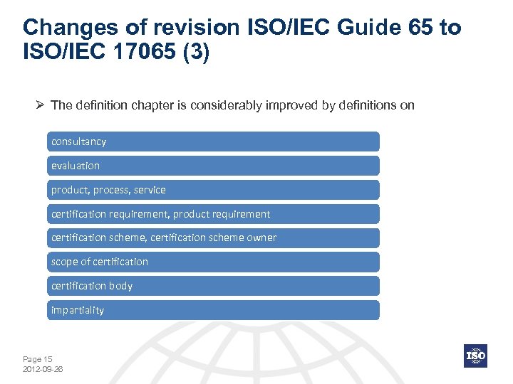 Changes of revision ISO/IEC Guide 65 to ISO/IEC 17065 (3) Ø The definition chapter