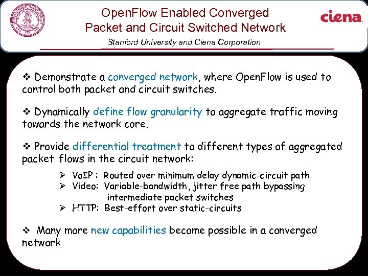 Open. Flow Enabled Converged Packet and Circuit Switched Network Stanford University and Ciena Corporation