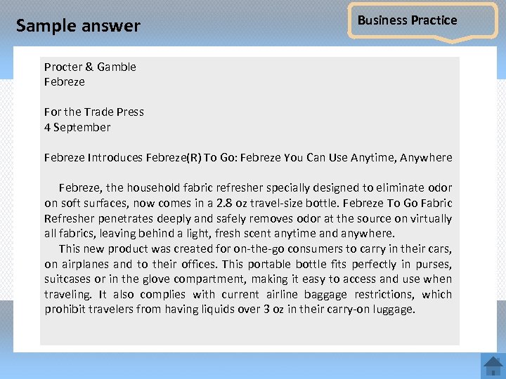 Sample answer Business Practice Procter & Gamble Febreze For the Trade Press 4 September
