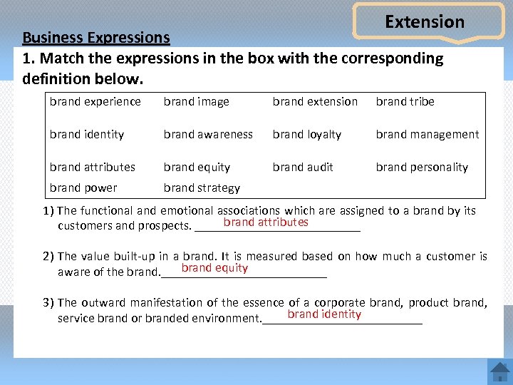 Extension Business Expressions 1. Match the expressions in the box with the corresponding definition
