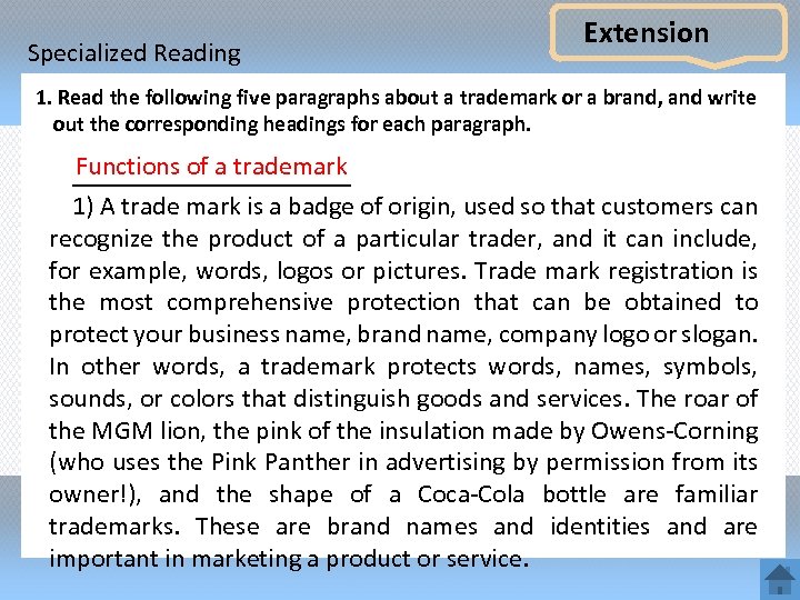 Specialized Reading Extension 1. Read the following five paragraphs about a trademark or a
