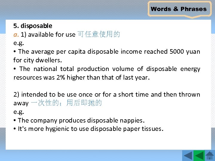 Words & Phrases 5. disposable a. 1) available for use 可任意使用的 e. g. •