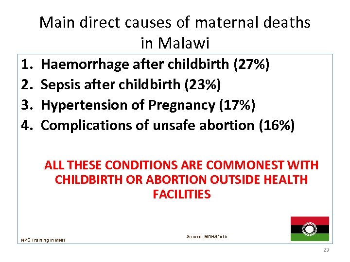 Main direct causes of maternal deaths in Malawi 1. 2. 3. 4. Haemorrhage after
