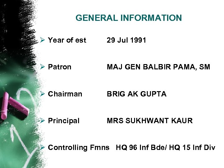 GENERAL INFORMATION Ø Year of est 29 Jul 1991 Ø Patron MAJ GEN BALBIR