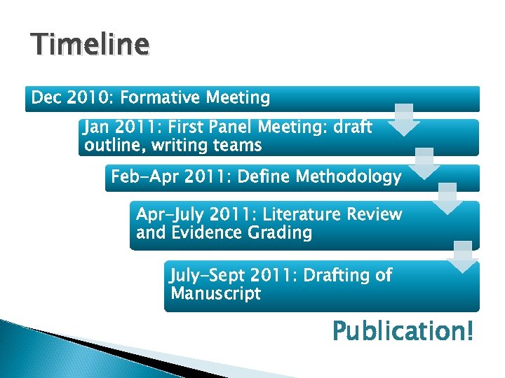 Timeline Dec 2010: Formative Meeting Jan 2011: First Panel Meeting: draft outline, writing teams