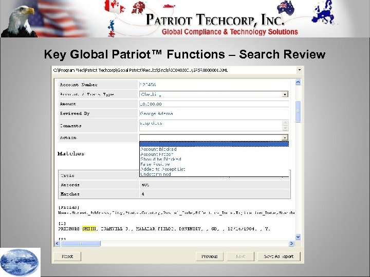 Key Global Patriot™ Functions – Search Review 