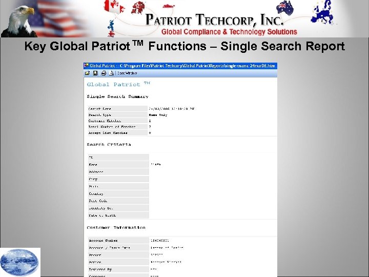 Key Global Patriot™ Functions – Single Search Report 