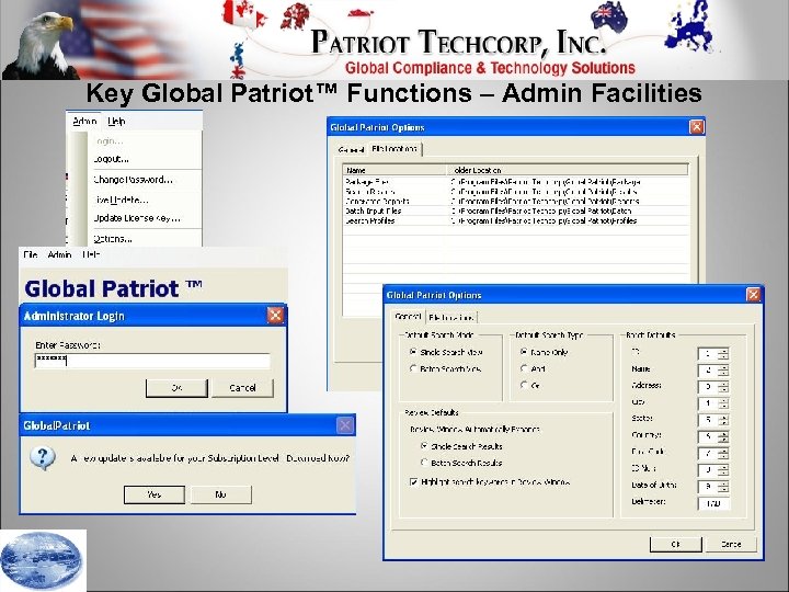 Key Global Patriot™ Functions – Admin Facilities 