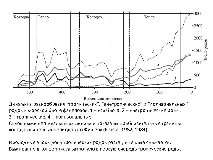Динамика разнообразия “тропических”, “внетропических” и “полизональных” родов в морской биоте фанерозоя. 1 – вся