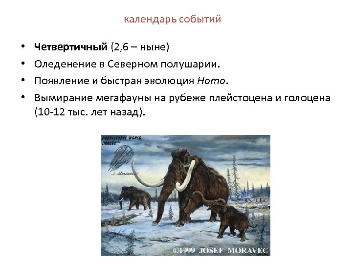 календарь событий • • Четвертичный (2, 6 – ныне) Оледенение в Северном полушарии. Появление
