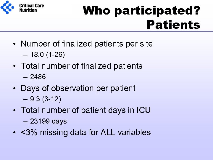 Who participated? Patients • Number of finalized patients per site – 18. 0 (1
