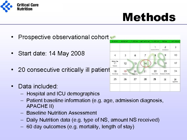 Methods • Prospective observational cohort study • Start date: 14 May 2008 • 20