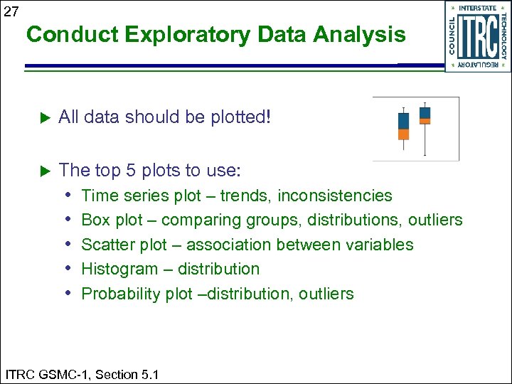 27 Conduct Exploratory Data Analysis All data should be plotted! The top 5 plots