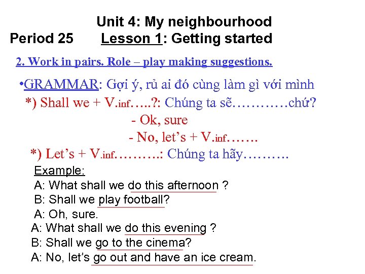 Period 25 Unit 4: My neighbourhood Lesson 1: Getting started 2. Work in pairs.
