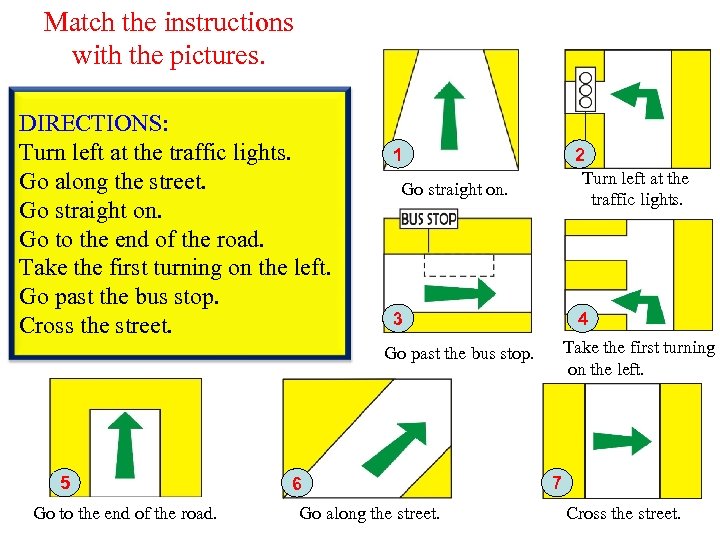 Match the instructions with the pictures. DIRECTIONS: Turn left at the traffic lights. Go