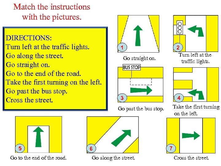 Turn right and go the street. Go straight on at the Traffic Lights. Go straight. Turn left или turn to the left. Go down go straight разница.