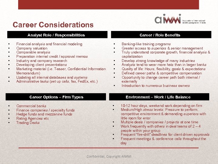 Career Considerations Analyst Role / Responsibilities • • • Career / Role Benefits Financial