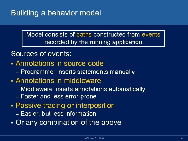 Building a behavior model Model consists of paths constructed from events recorded by the