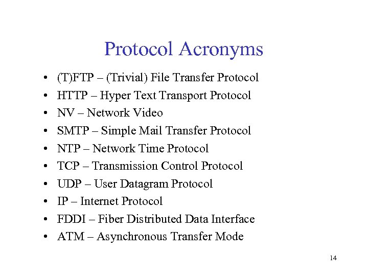 Protocol Acronyms • • • (T)FTP – (Trivial) File Transfer Protocol HTTP – Hyper