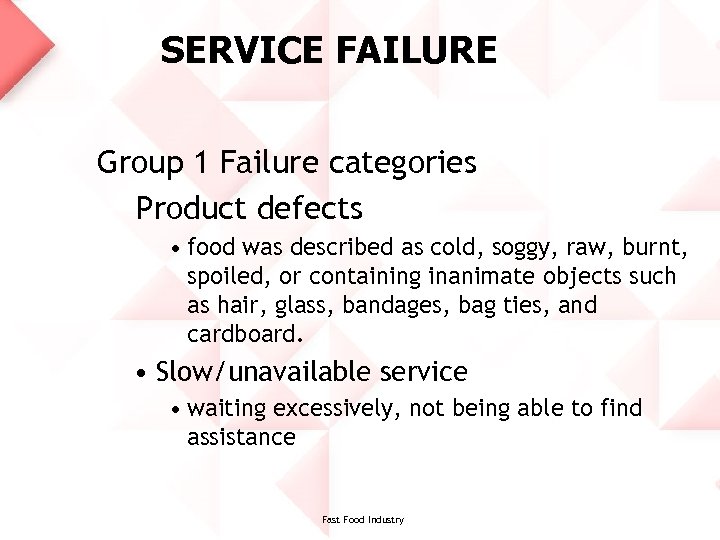 SERVICE FAILURE Group 1 Failure categories Product defects • food was described as cold,