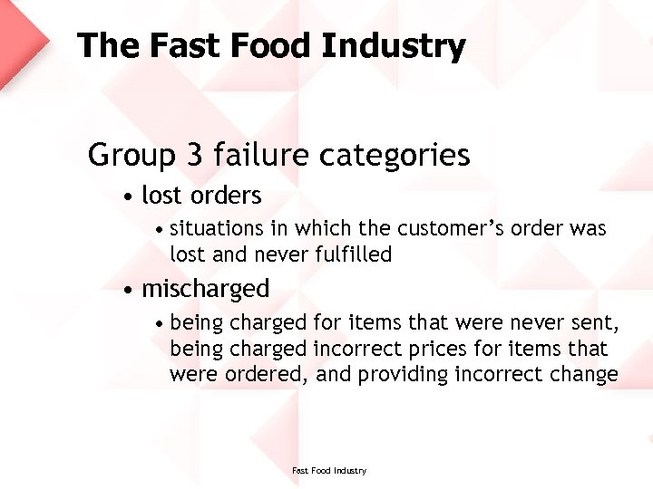 The Fast Food Industry Group 3 failure categories • lost orders • situations in