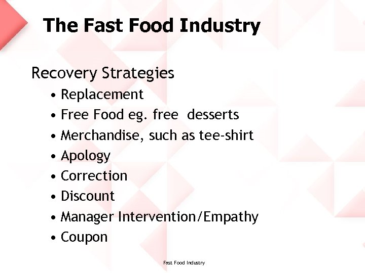 The Fast Food Industry Recovery Strategies • Replacement • Free Food eg. free desserts