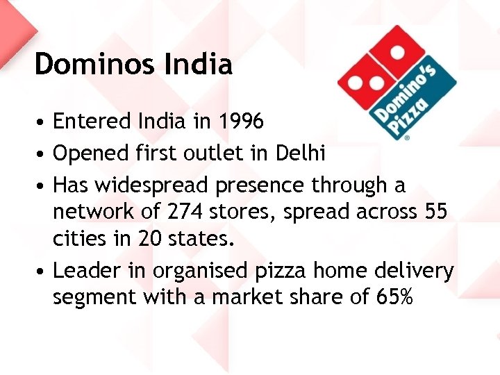 Dominos India • Entered India in 1996 • Opened first outlet in Delhi •