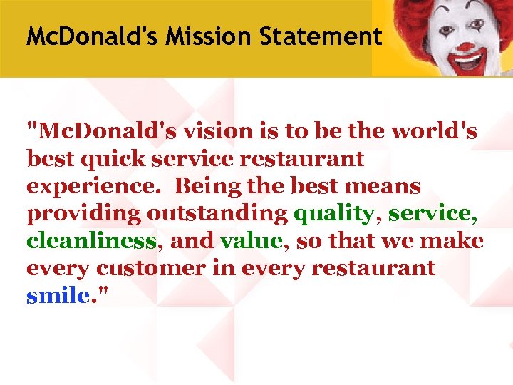 Mc. Donald's Mission Statement "Mc. Donald's vision is to be the world's best quick