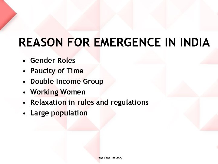 REASON FOR EMERGENCE IN INDIA • • • Gender Roles Paucity of Time Double