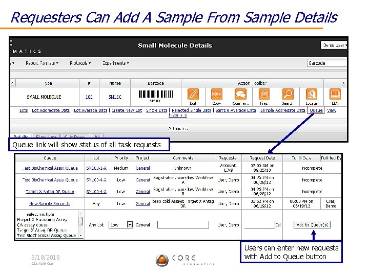 Requesters Can Add A Sample From Sample Details Queue link will show status of