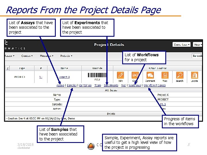 Reports From the Project Details Page List of Assays that have been associated to