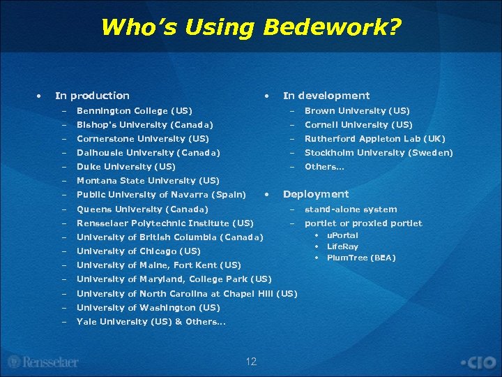 Who’s Using Bedework? • • In production In development – Bennington College (US) –