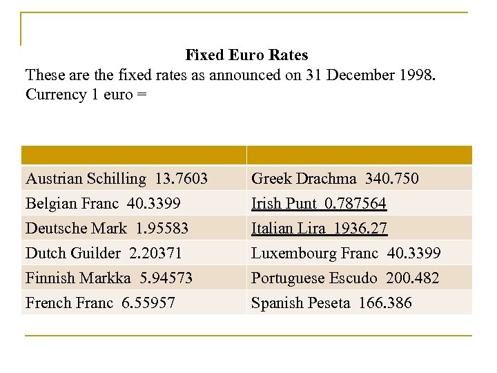 Fixed Euro Rates These are the fixed rates as announced on 31 December 1998.