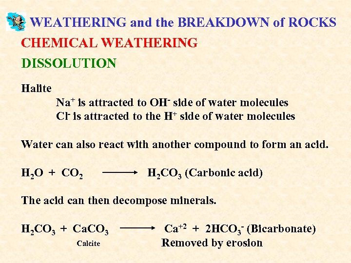 WEATHERING and the BREAKDOWN of ROCKS CHEMICAL WEATHERING DISSOLUTION Halite Na+ is attracted to