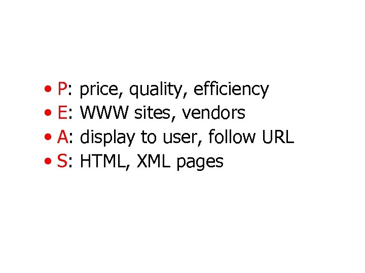  • P: price, quality, efficiency • E: WWW sites, vendors • A: display