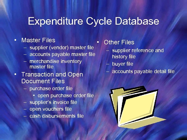 Expenditure Cycle Database • Master Files – supplier (vendor) master file – accounts payable