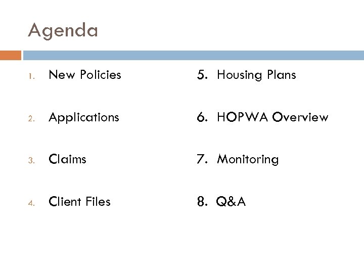 Agenda 1. New Policies 5. Housing Plans 2. Applications 6. HOPWA Overview 3. Claims