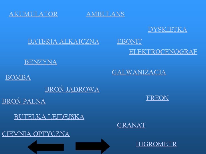 AKUMULATOR AMBULANS DYSKIETKA BATERIA ALKAICZNA EBONIT ELEKTROCENOGRAF BENZYNA GALWANIZACJA BOMBA BROŃ JĄDROWA FREON BROŃ