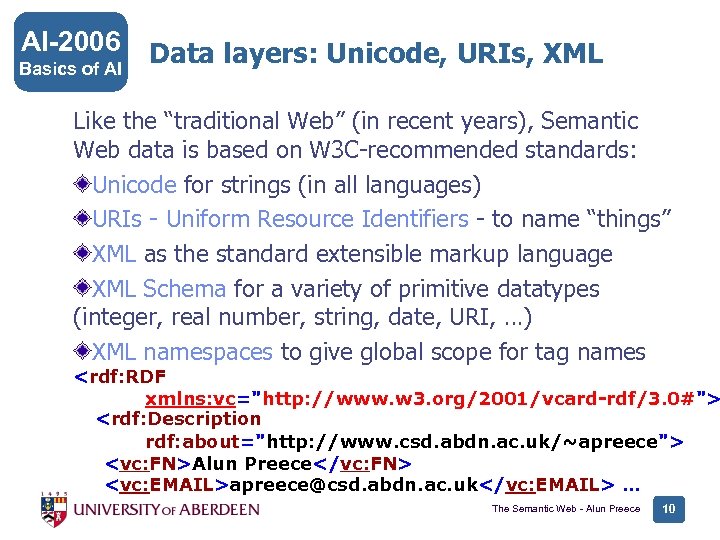 AI-2006 Basics of AI Data layers: Unicode, URIs, XML Like the “traditional Web” (in