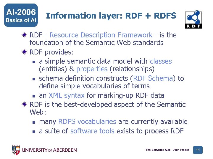 AI-2006 Basics of AI Information layer: RDF + RDFS RDF - Resource Description Framework