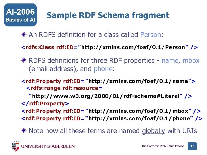 AI-2006 Basics of AI Sample RDF Schema fragment An RDFS definition for a class