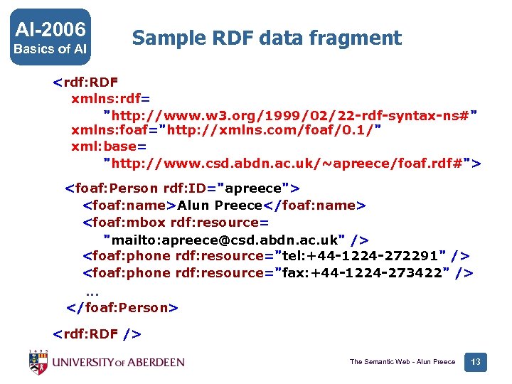 AI-2006 Basics of AI Sample RDF data fragment <rdf: RDF xmlns: rdf= "http: //www.