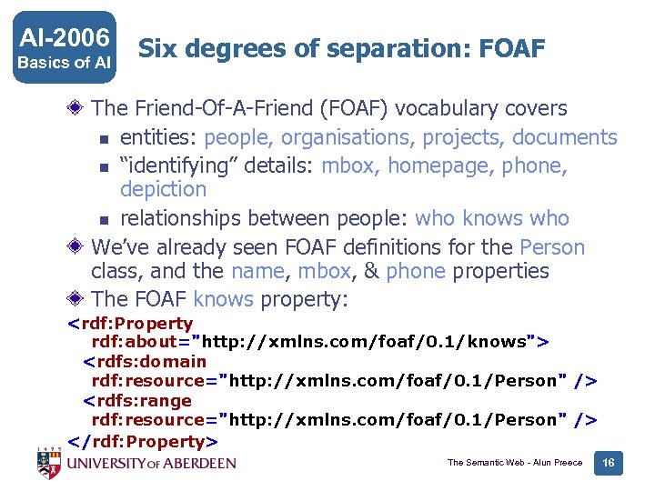 AI-2006 Basics of AI Six degrees of separation: FOAF The Friend-Of-A-Friend (FOAF) vocabulary covers